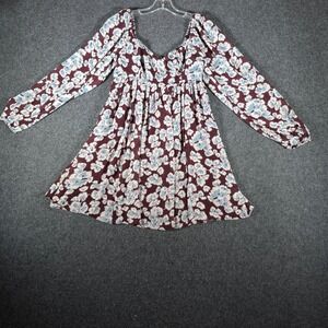 Abercrombie & Fitch Floral Long Sleeve Mini Dress Burgundy Blue Small Smocked